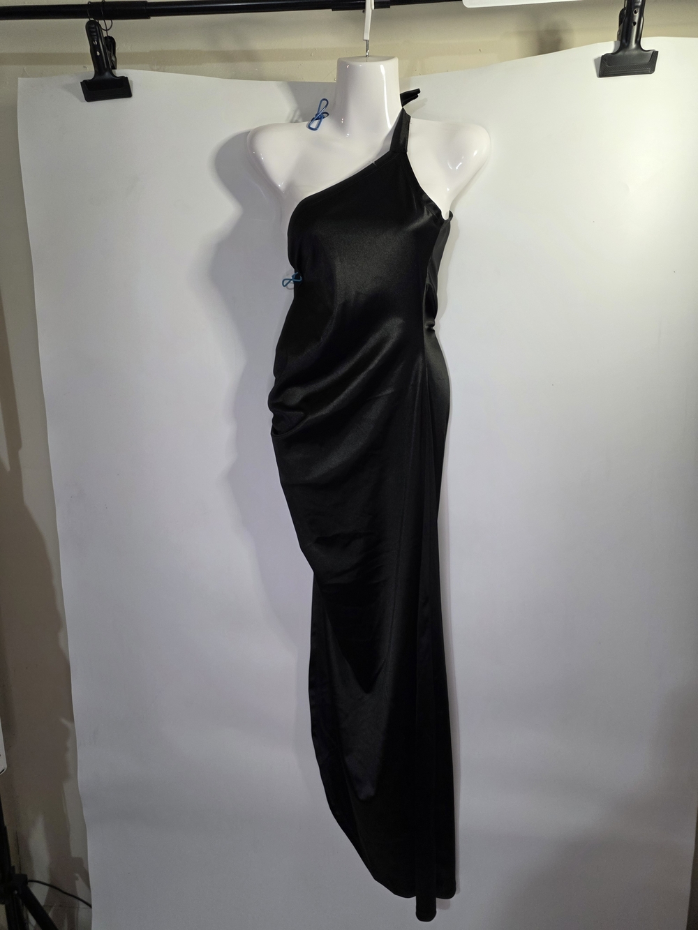 Elegant  Syrena One-Shoulder High Slit Black Evening Dress Size S.